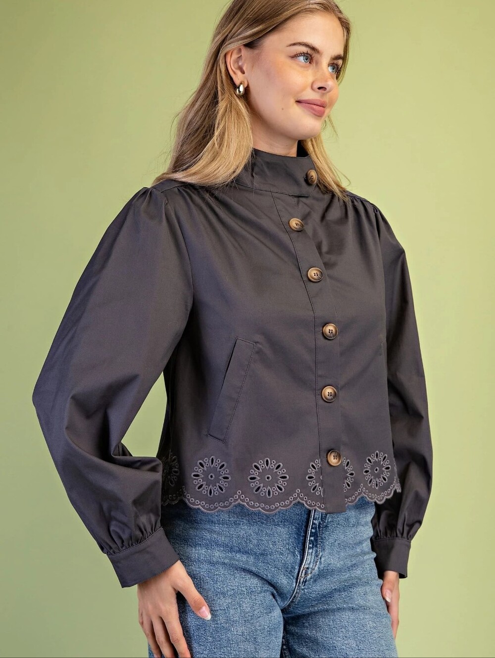 Women's Charcoal Button-Front Cropped Jacket